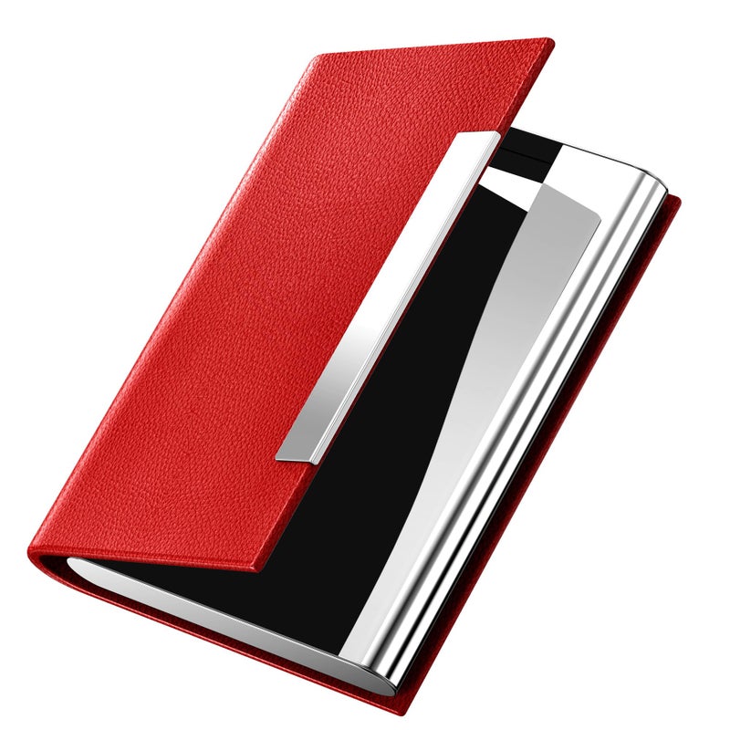 Padike Business Card Holder, Red Faux Leather Wallet with Stainless Steel, RFID Protected - Image 1